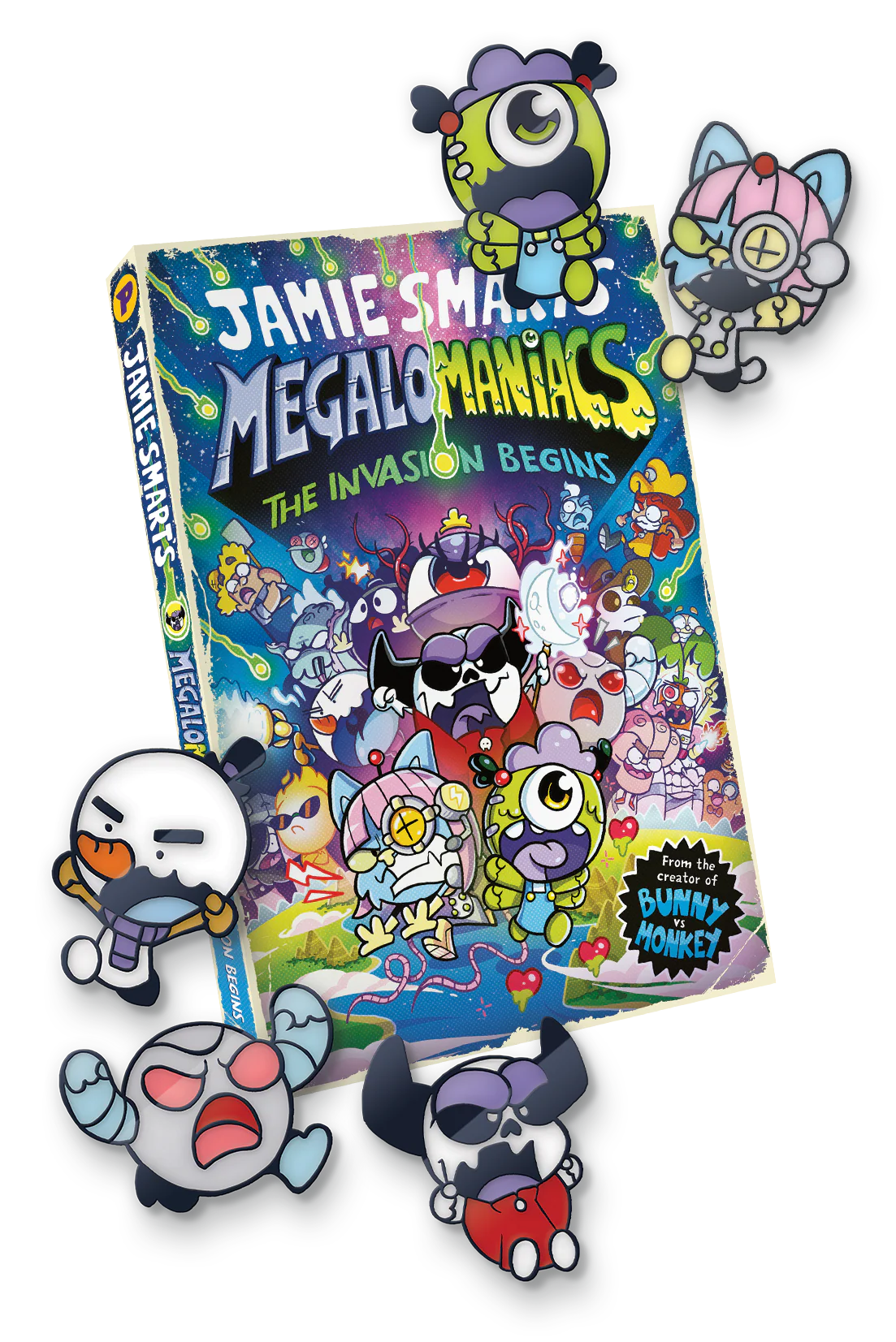 Megalomaniacs book and badges bundle
